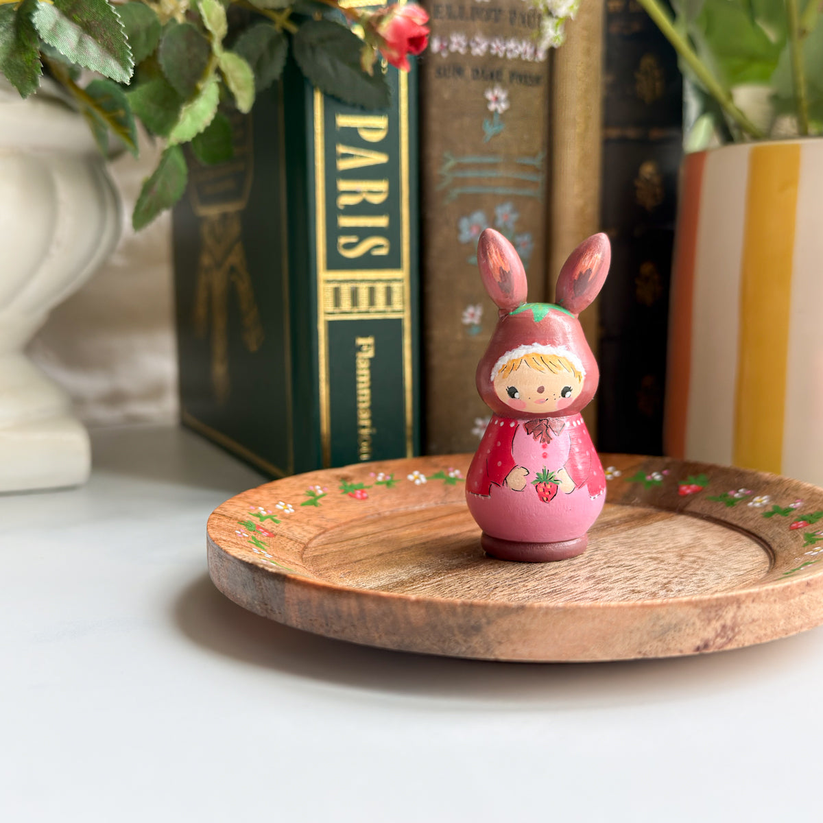 Hand Painted Strawberry Girl Thread Spool Wood Tray | Choose style