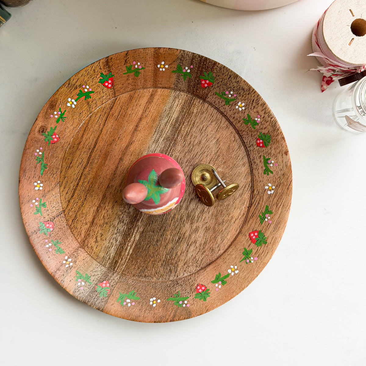 Hand Painted Strawberry Girl Thread Spool Wood Tray | Choose style