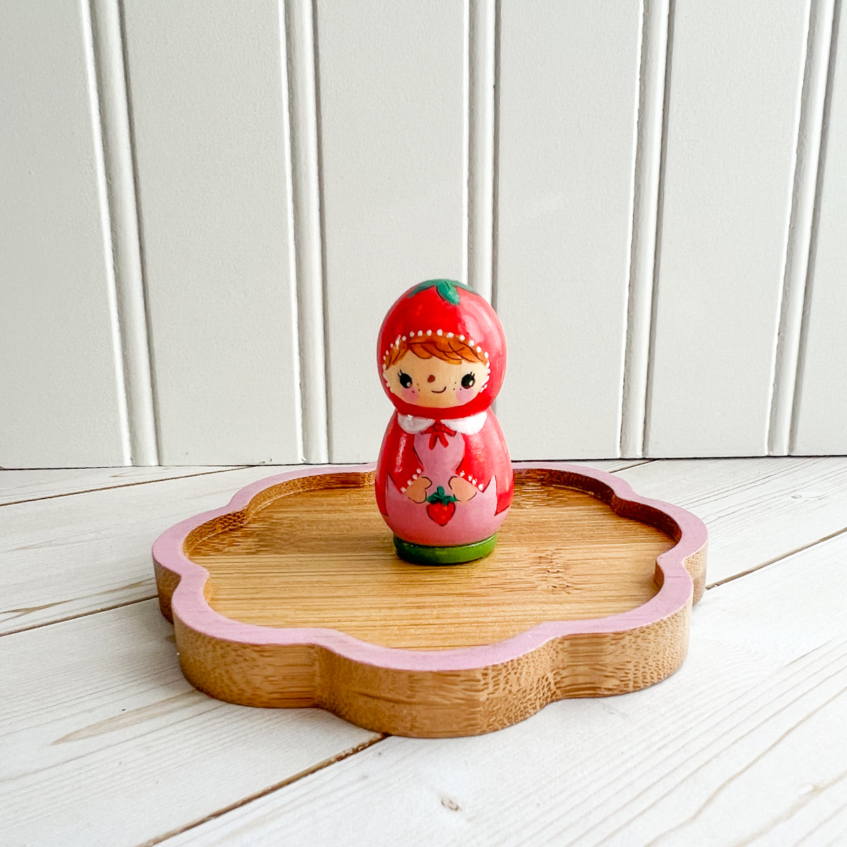Hand Painted Strawberry Girl Thread Spool Wood Tray | Choose style
