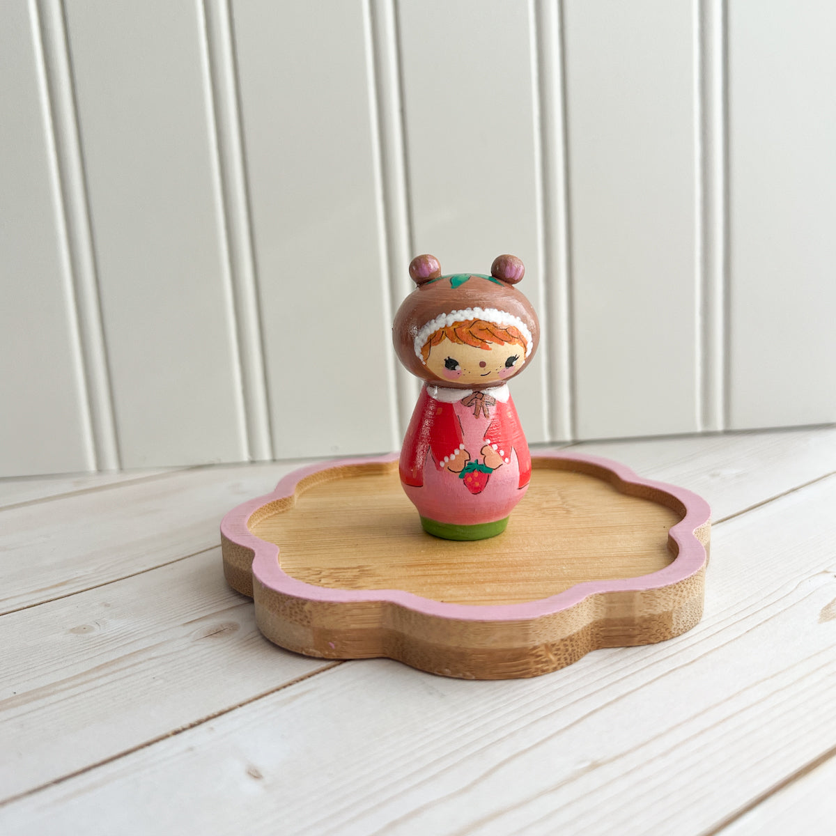 Hand Painted Strawberry Girl Thread Spool Wood Tray | Choose style