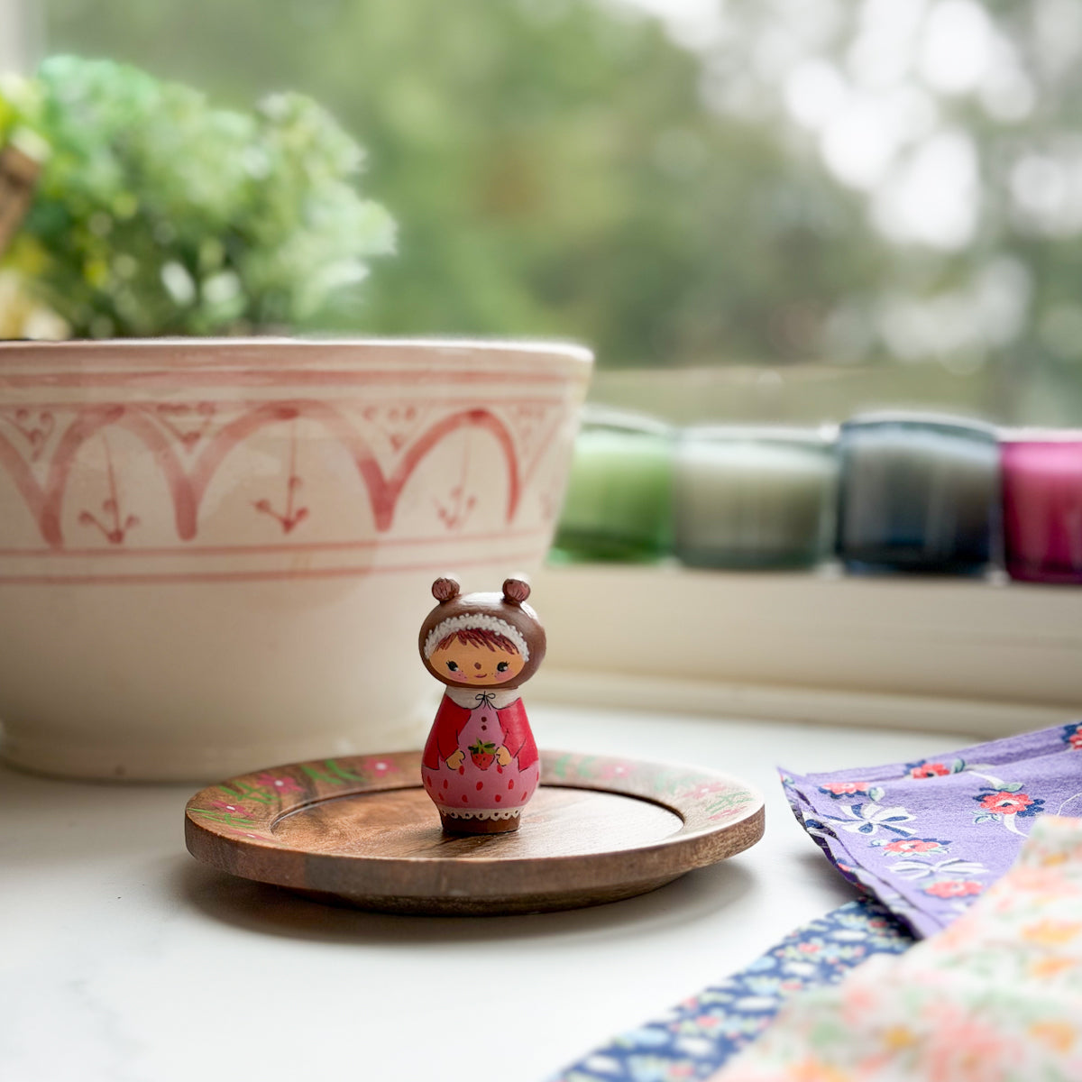 Hand Painted Strawberry Girl Thread Spool Wood Tray | Choose style