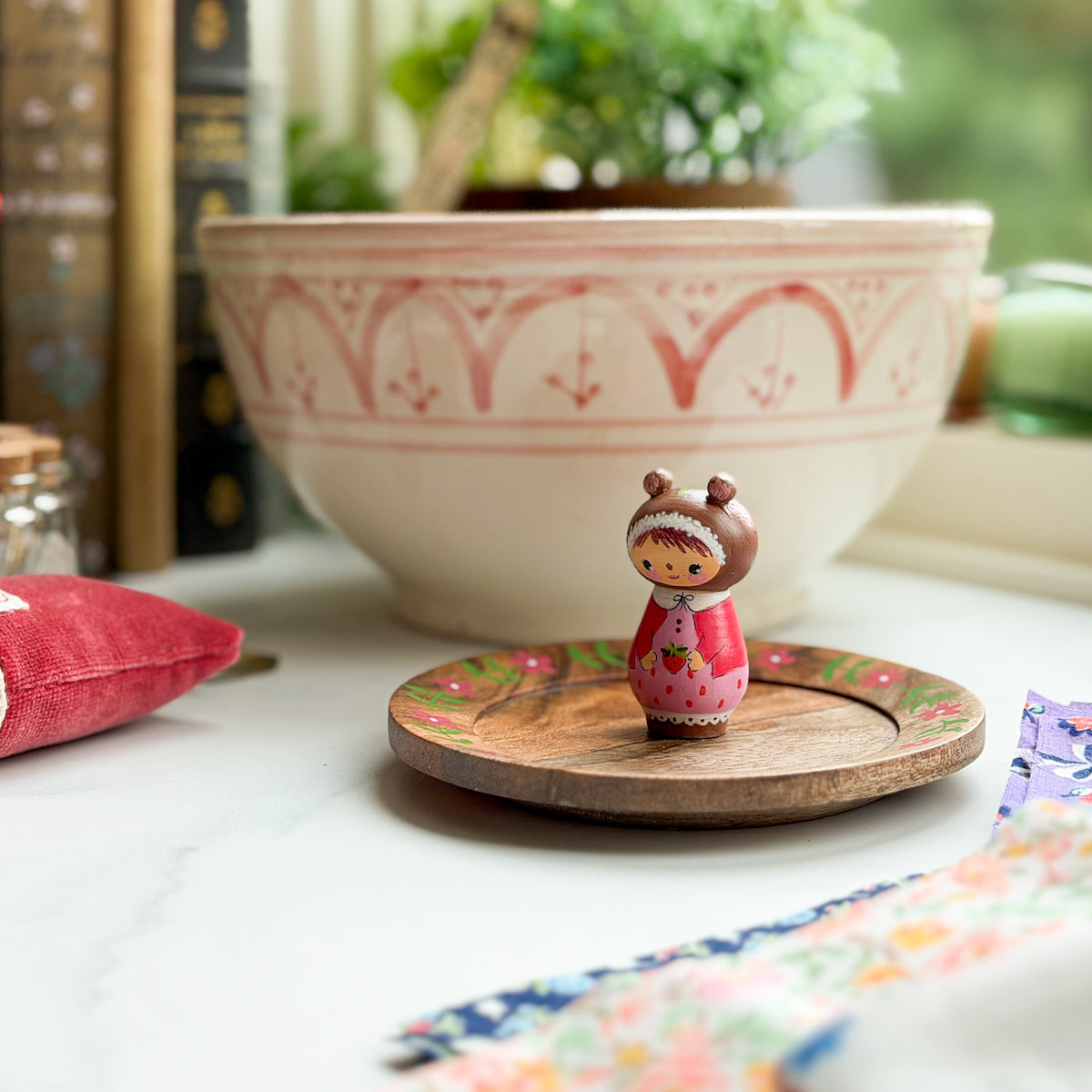 Hand Painted Strawberry Girl Thread Spool Wood Tray | Choose style