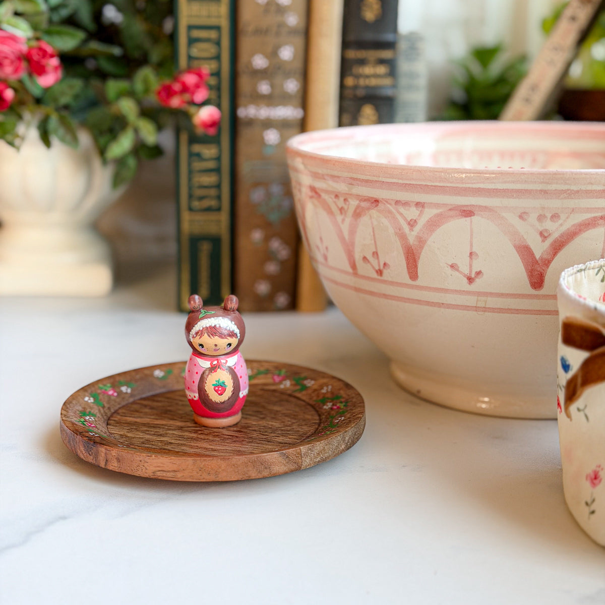 Hand Painted Strawberry Girl Thread Spool Wood Tray | Choose style