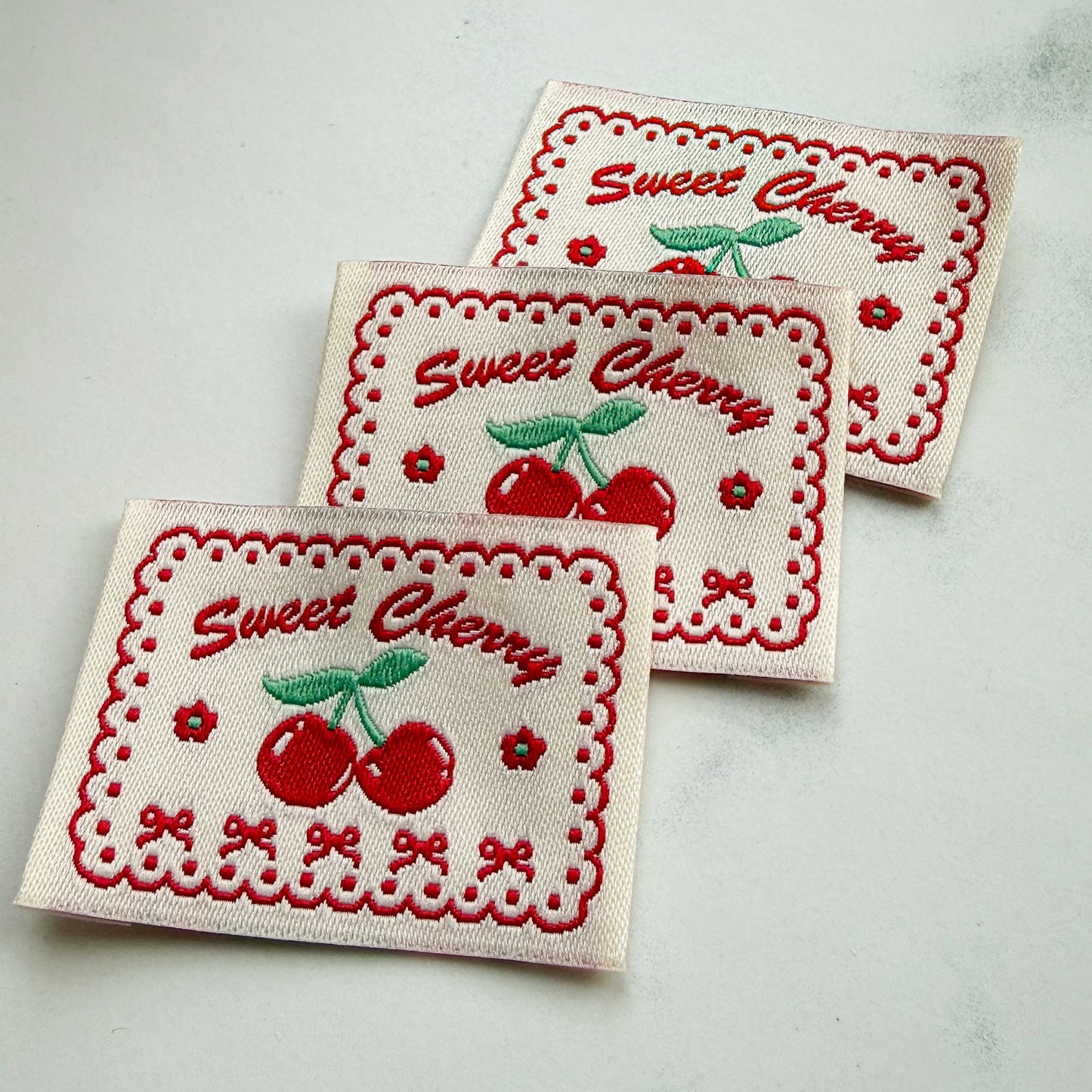 Sweet Cherry Scalloped Border Woven Labels | Three Labels