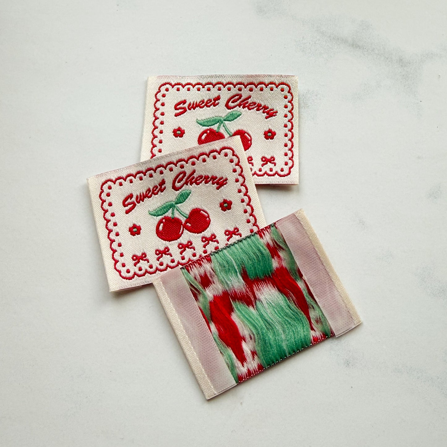 Sweet Cherry Scalloped Border Woven Labels | Three Labels