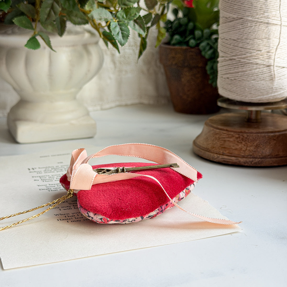 Lavender filled Heart sachet with Tasseled Key and Emily Dickinson Tag