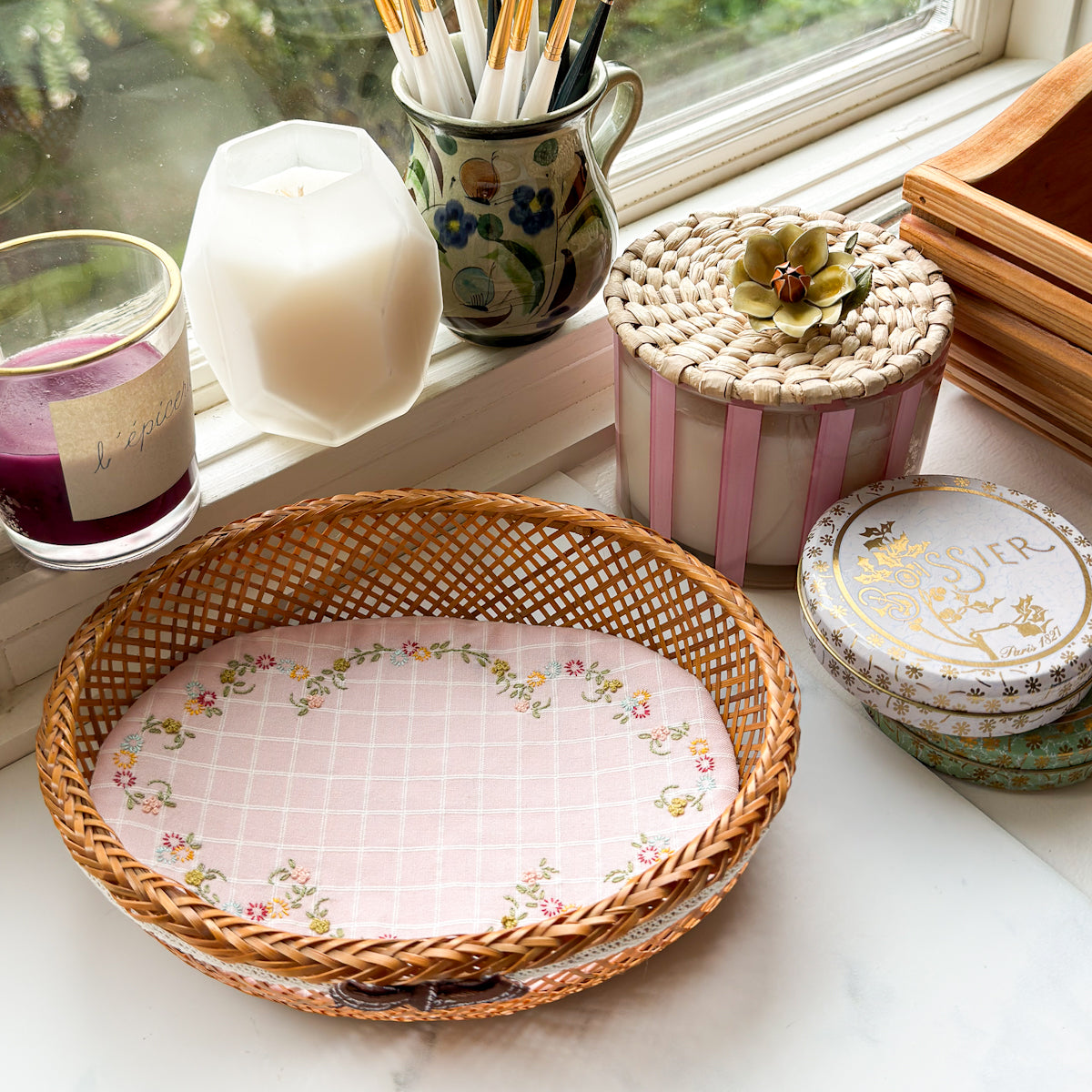 nanaCompany Vintage Basket with Hand-embroidered Liner, Cotton crochet Trim and Bow
