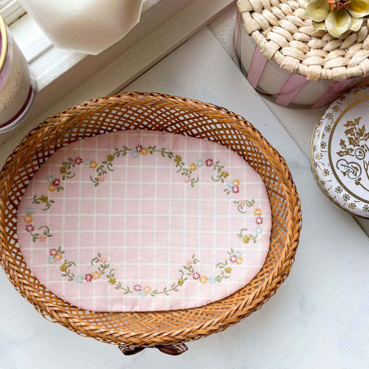 nanaCompany Vintage Basket with Hand-embroidered Liner, Cotton crochet Trim and Bow