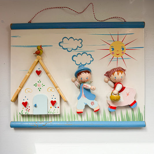 Charming Vintage Painted Wood Plaque Children House Sun