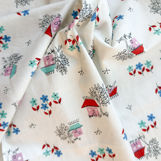 Vintage Happy House and Flowers Fabric | Remnant