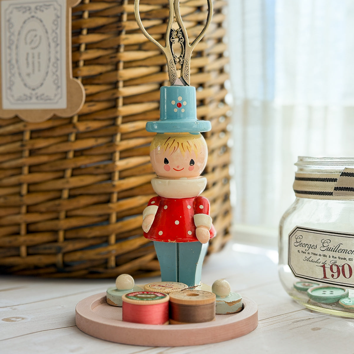 Vintage Wooden IRMI Figurine Notions Sewing Spool Tray