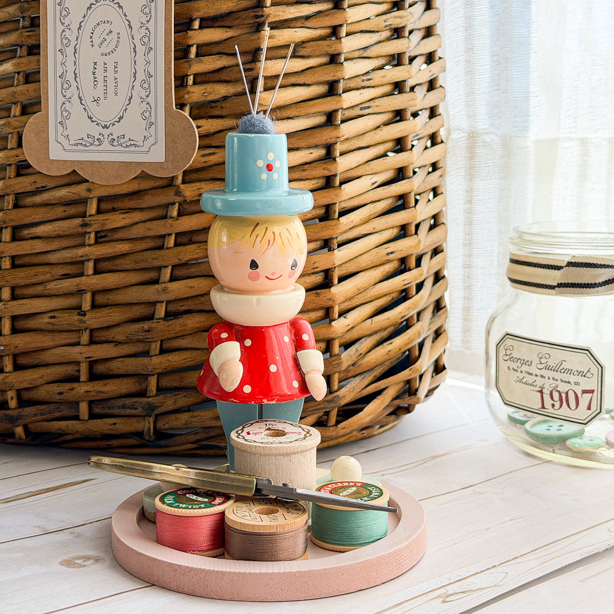 Vintage Wooden IRMI Figurine Notions Sewing Spool Tray