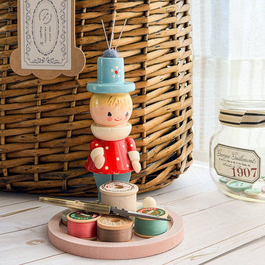 Vintage Wooden IRMI Figurine Notions Sewing Spool Tray