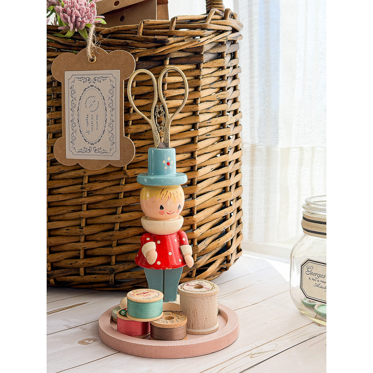 Vintage Wooden IRMI Figurine Notions Sewing Spool Tray