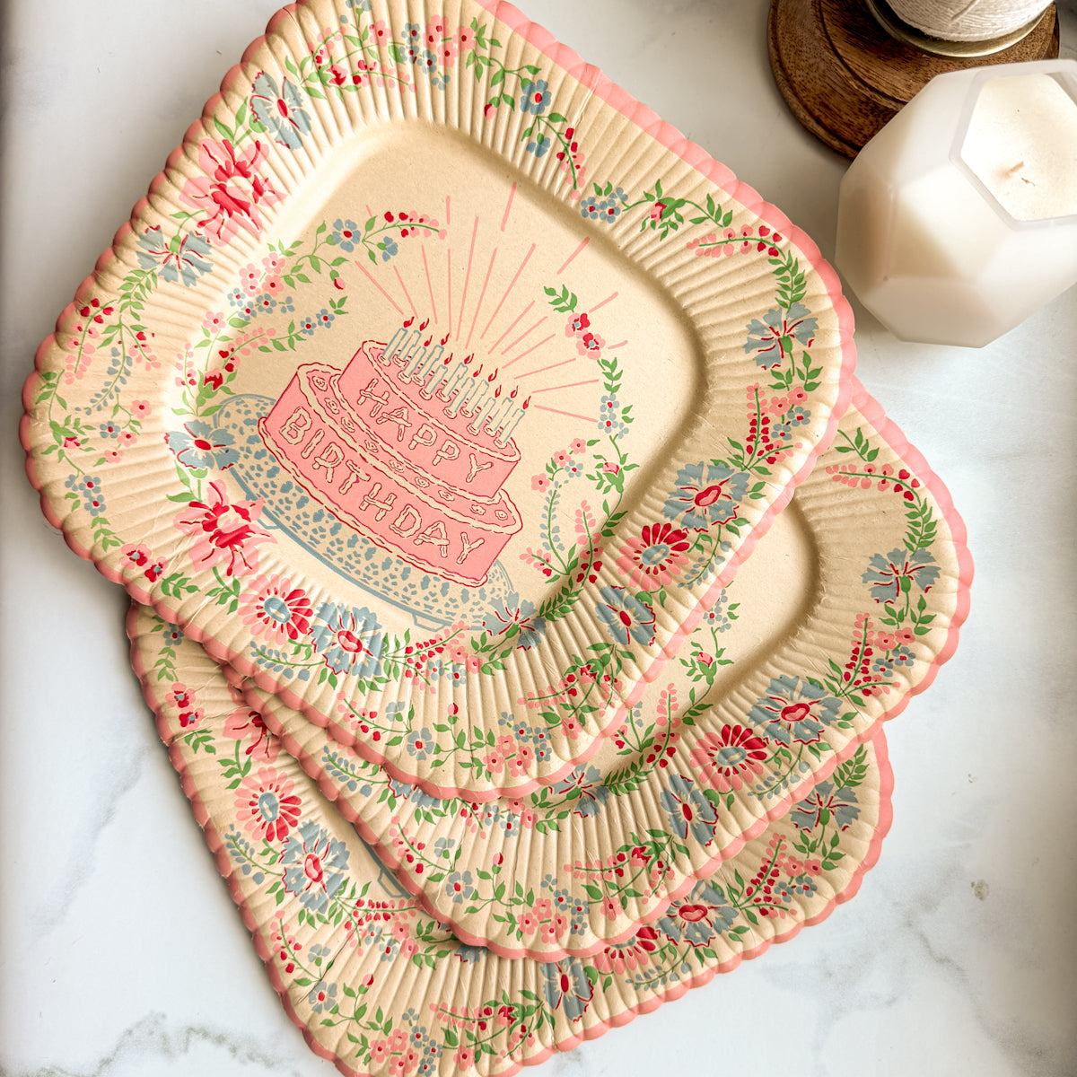 Reed’s Antique Happy Birthday Paper Plates with lovely floral design