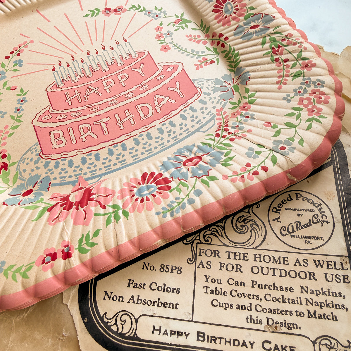 Reed’s Antique Happy Birthday Paper Plates with lovely floral design