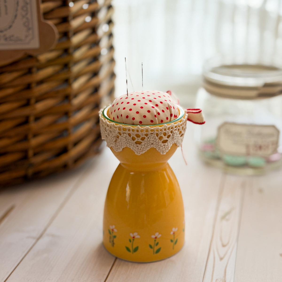 Vintage Yellow Flower Ceramic Egg Cup Pin Cushion