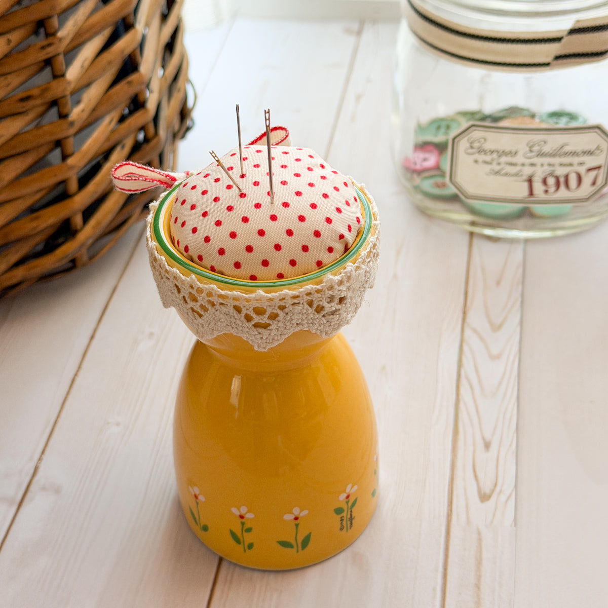 Vintage Yellow Flower Ceramic Egg Cup Pin Cushion