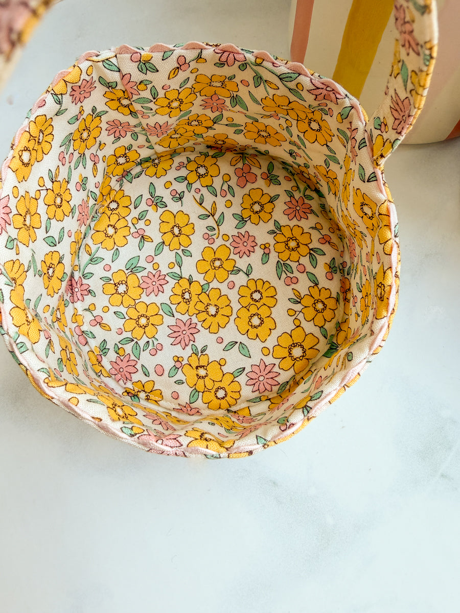 Yellow Flower Handmade basket with ric-rac trim