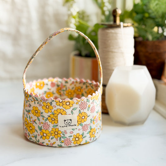 Yellow Flower Handmade basket with ric-rac trim