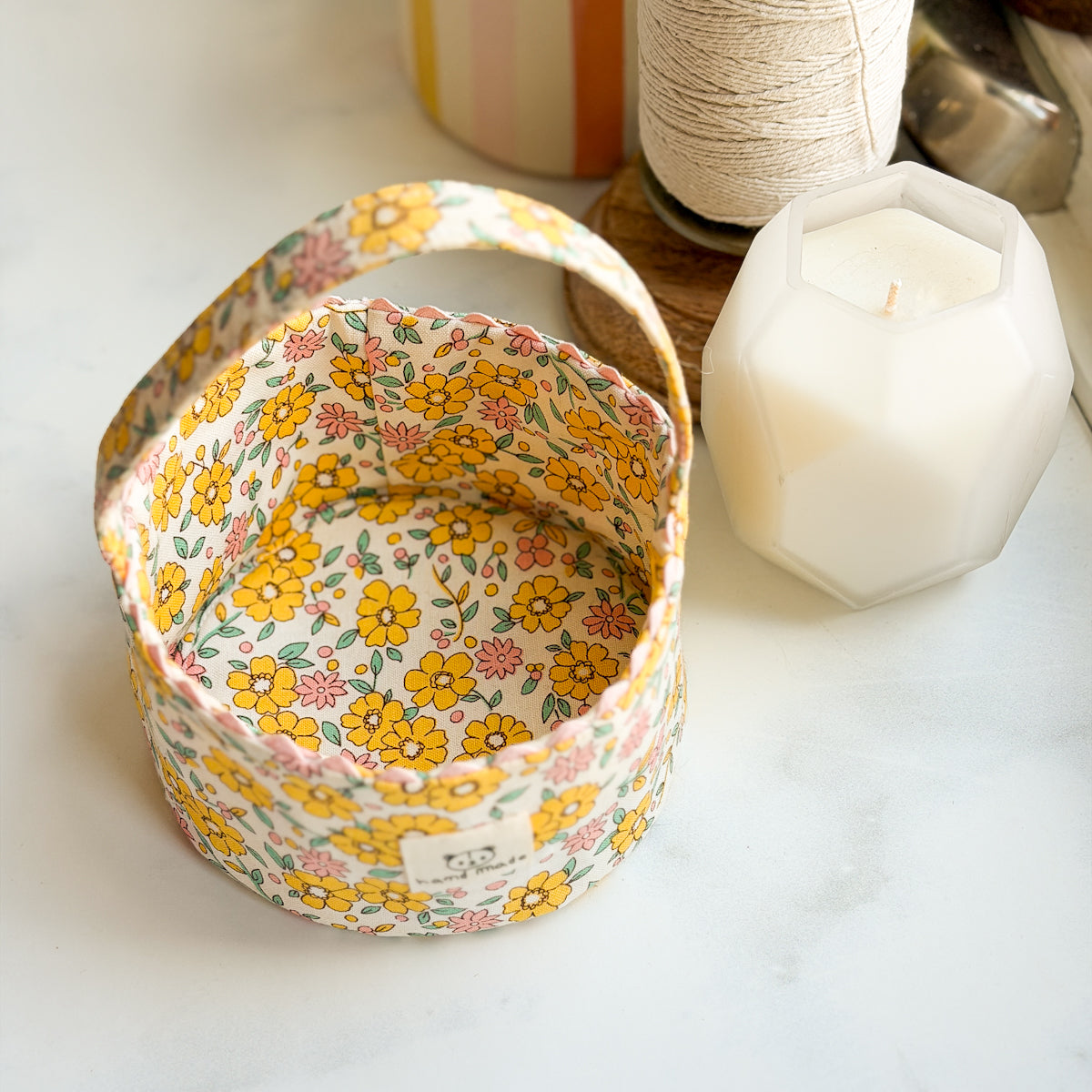 Yellow Flower Handmade basket with ric-rac trim