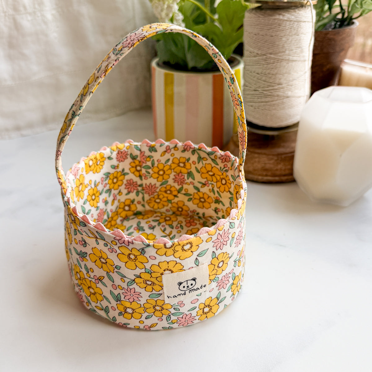 Yellow Flower Handmade basket with ric-rac trim