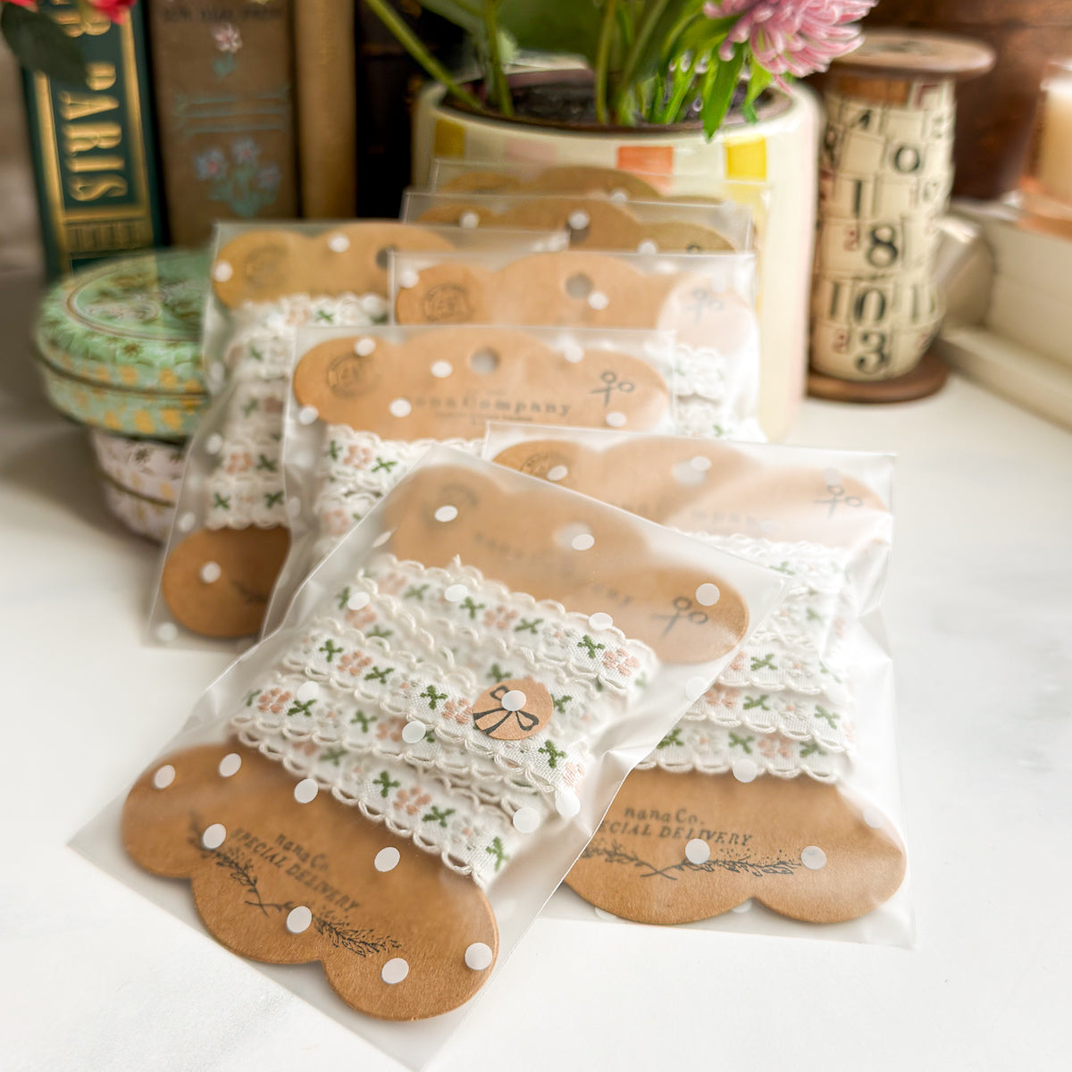 Scalloped Woven Ribbon Petite Small Flowers on Kraft Bobbin
