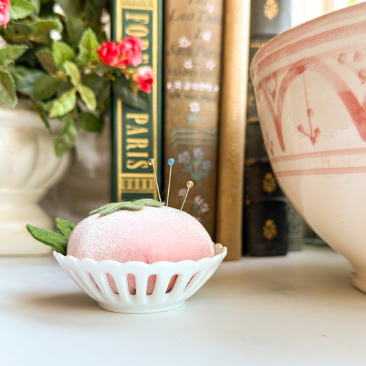 Fruity Tutti Velvet Pincushion in a Scalloped Ceramic Dish