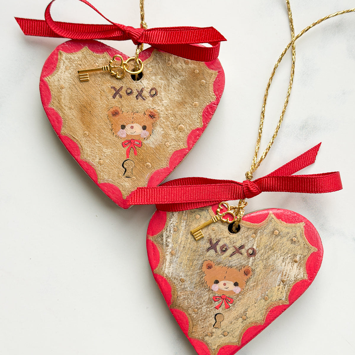 Hand-painted Valentine Heart and Key Ornaments | Choose Style