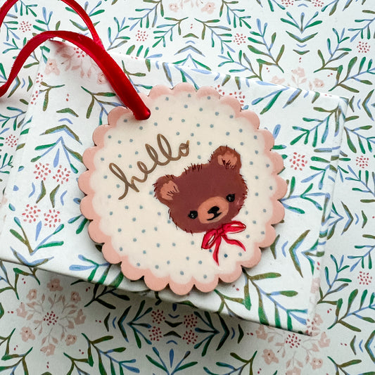 hello Red Bow Bear Hand Painted Wood Tag