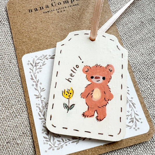 hello! Yellow Flower Bear Hand Painted Wood Tag