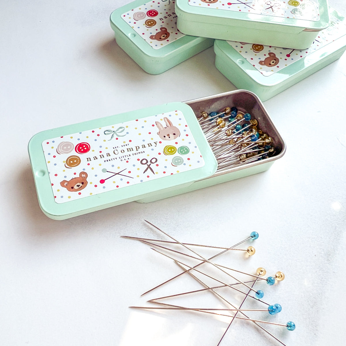 Fine Glass Head Pins -Blue & Clear- in nanaCompany Mint Green Tin