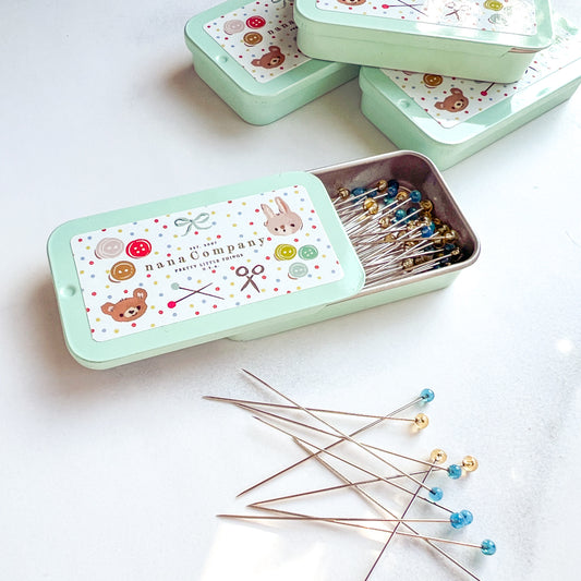 Fine Glass Head Pins -Blue & Clear- in nanaCompany Mint Green Tin
