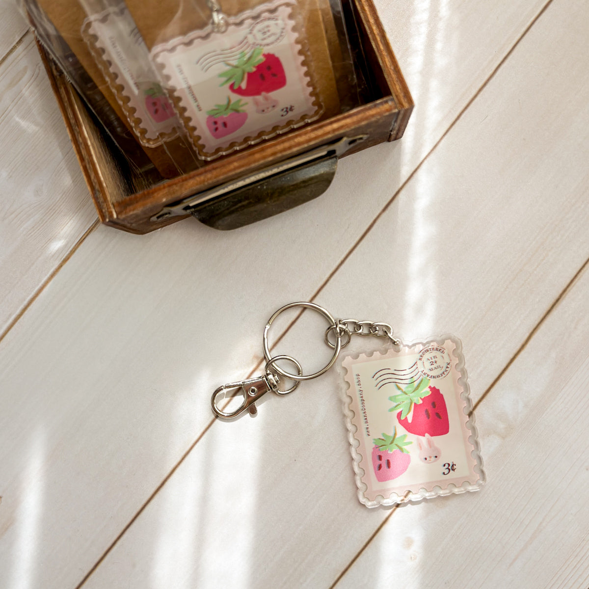 Strawberry Bunny Stamp-shaped Acrylic Zipper Pull Keychain Charm with Clasp