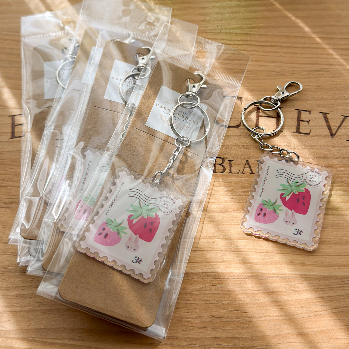 Strawberry Bunny Stamp-shaped Acrylic Zipper Pull Keychain Charm with Clasp