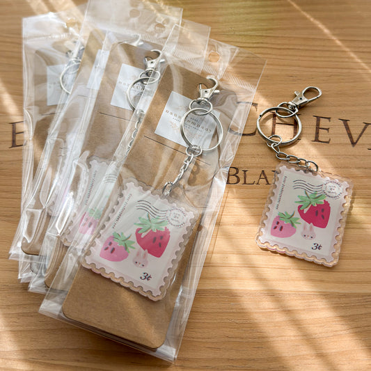 Strawberry Bunny Stamp-shaped Acrylic Zipper Pull Keychain Charm with Clasp