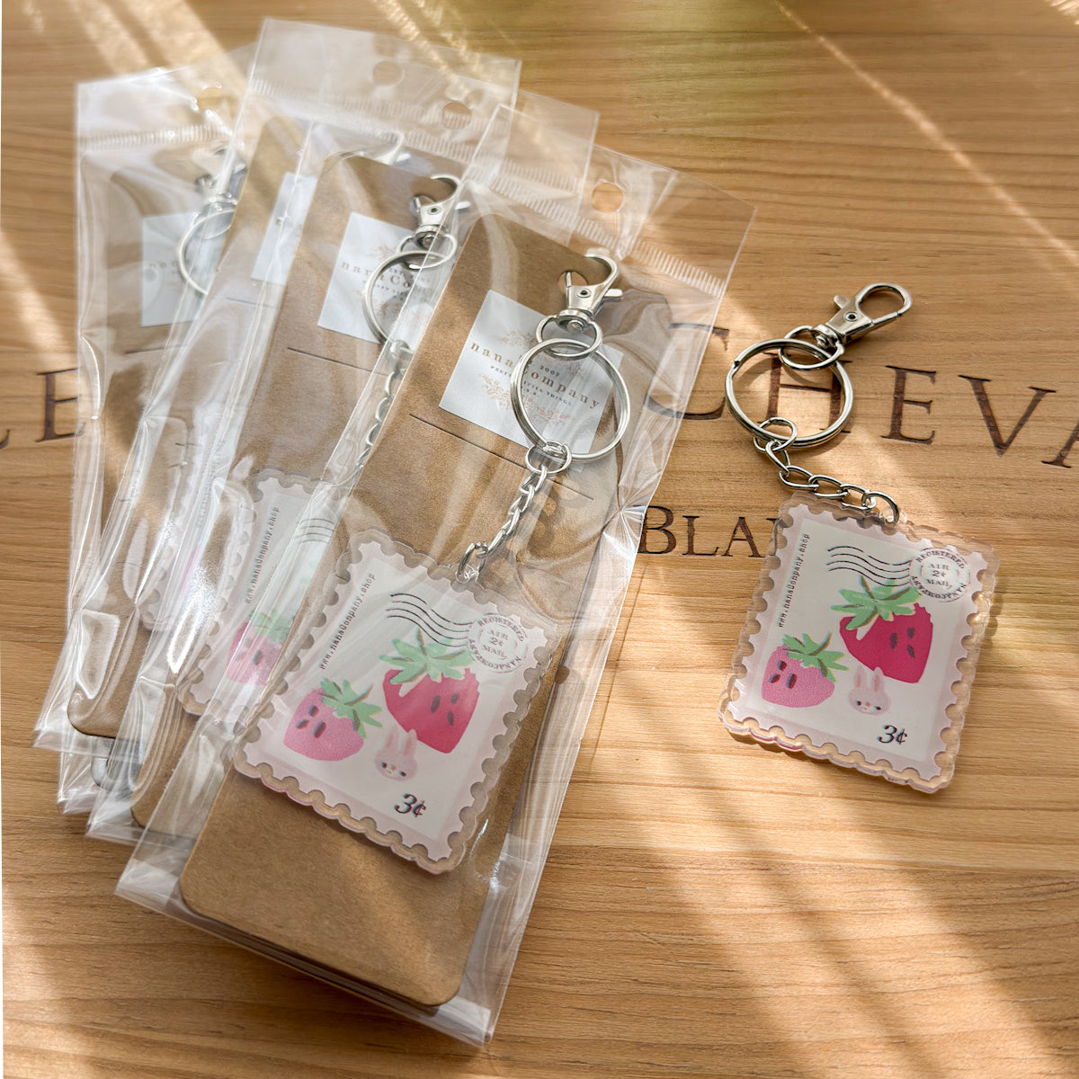 Strawberry Bunny Stamp-shaped Acrylic Zipper Pull Keychain Charm with Clasp