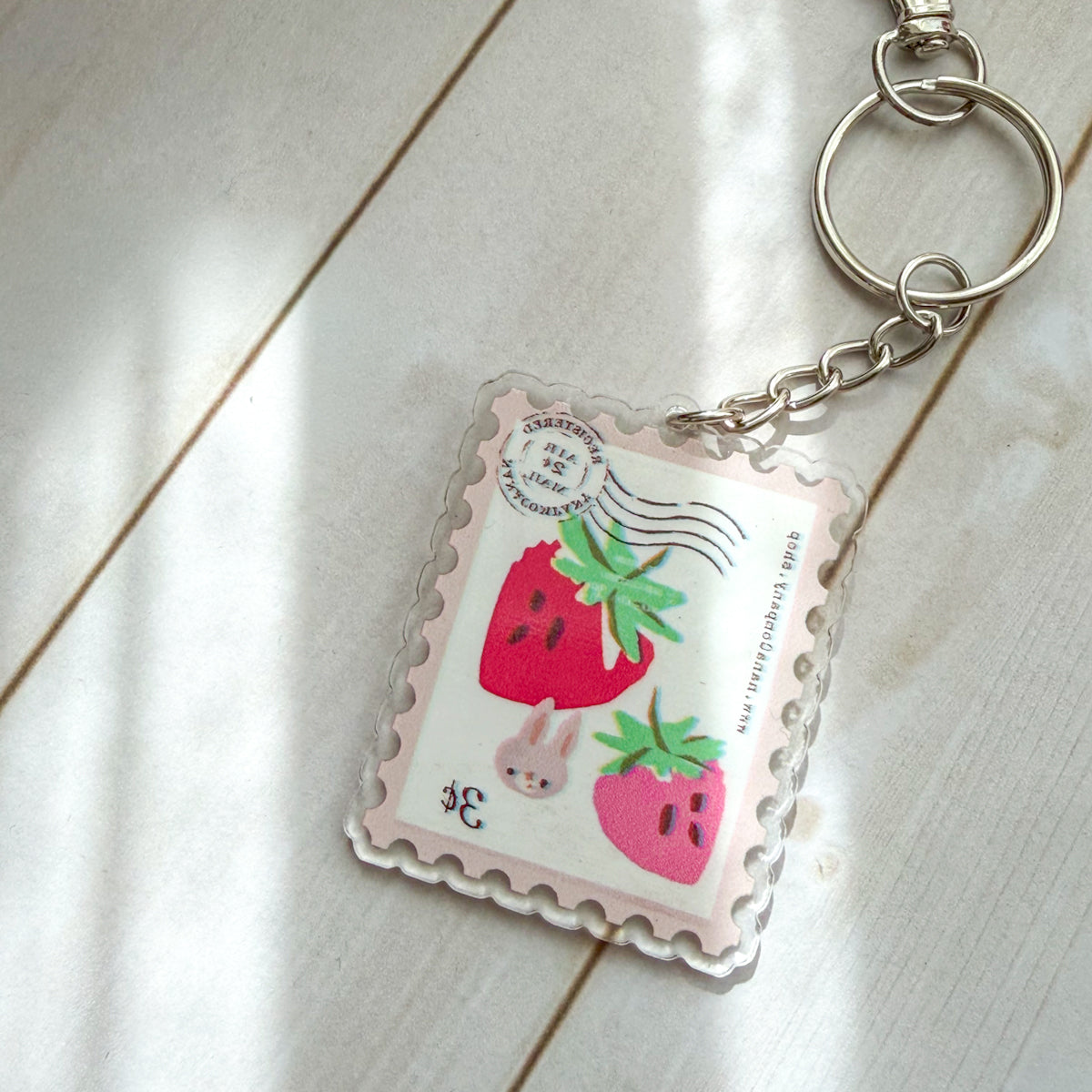 Strawberry Bunny Stamp-shaped Acrylic Zipper Pull Keychain Charm with Clasp