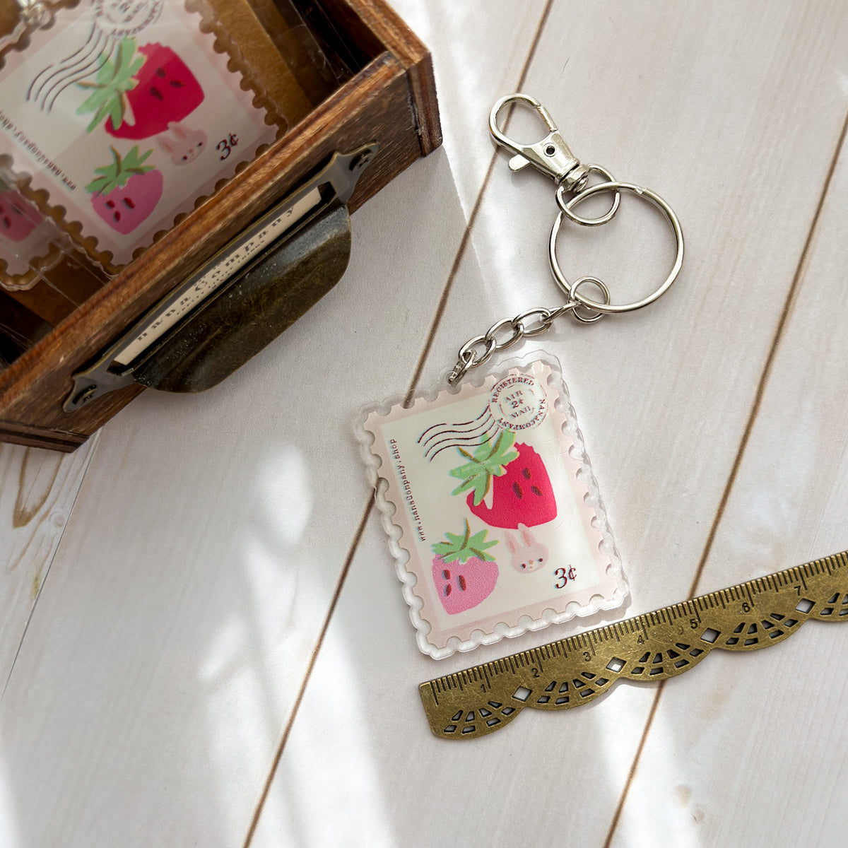 Strawberry Bunny Stamp-shaped Acrylic Zipper Pull Keychain Charm with Clasp