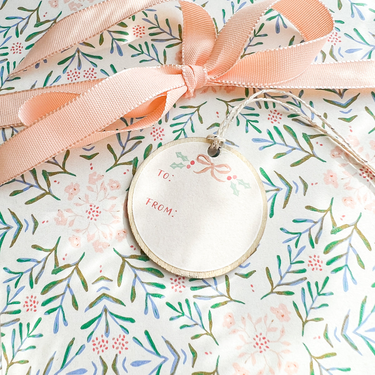 Sparkle Rose Holiday Christmas Bear Hand Painted Round Wood Tag Label Gift Topper Ornament No.5