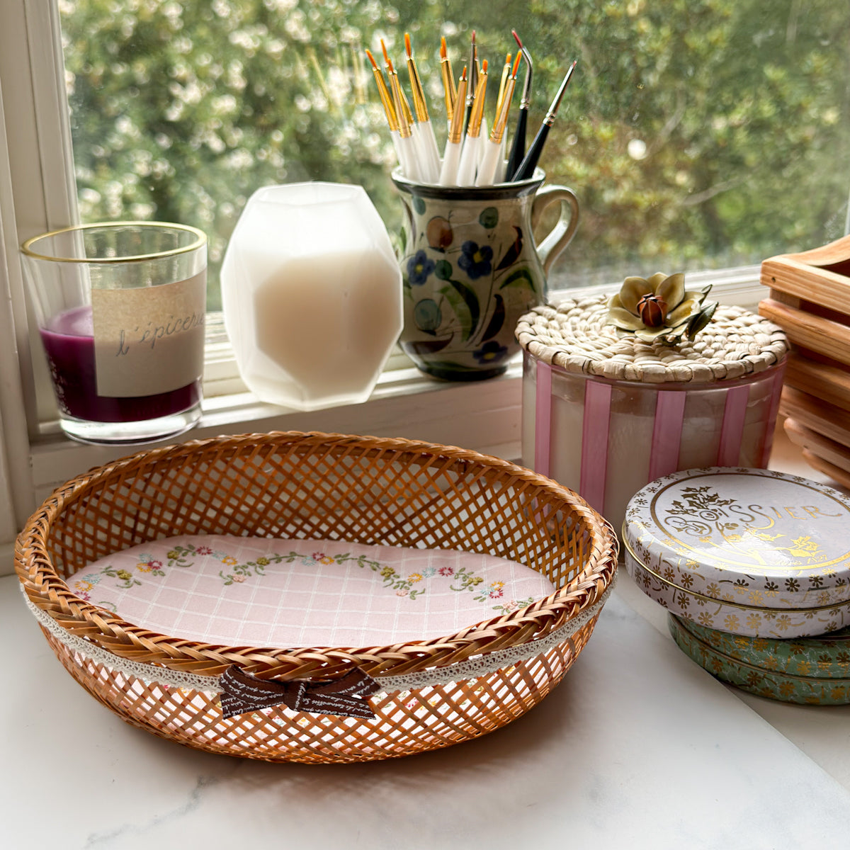 nanaCompany Vintage Basket with Hand-embroidered Liner, Cotton crochet Trim and Bow